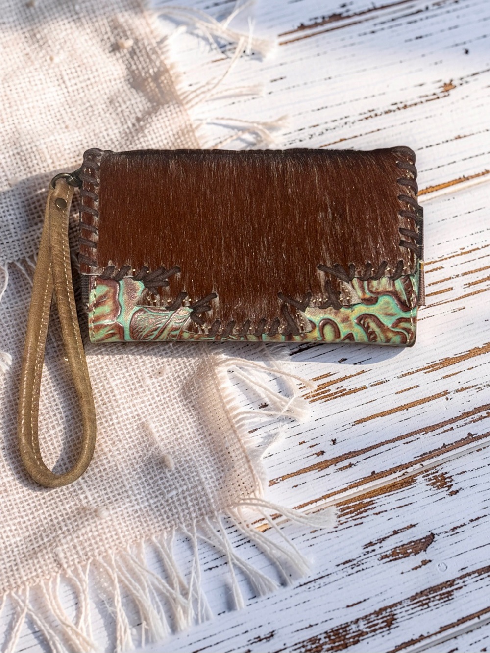 Western Cowhide Tooled Leather Horse Hair Hide Clutch Wristlet Purse Whip Stitch